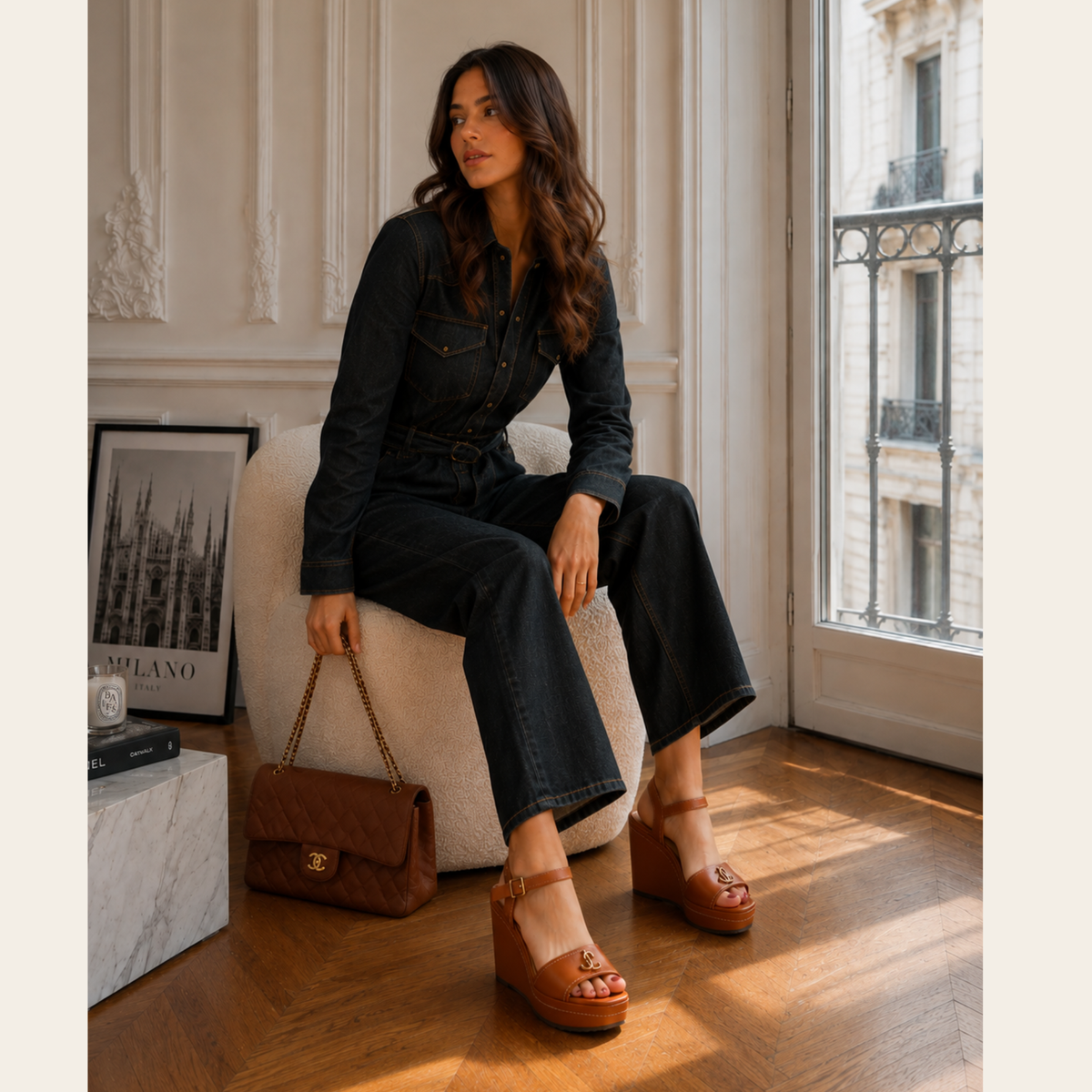 Jimmy Choo – Sandales Compensées en Cuir Cognac « JC Monogram », Taille 38