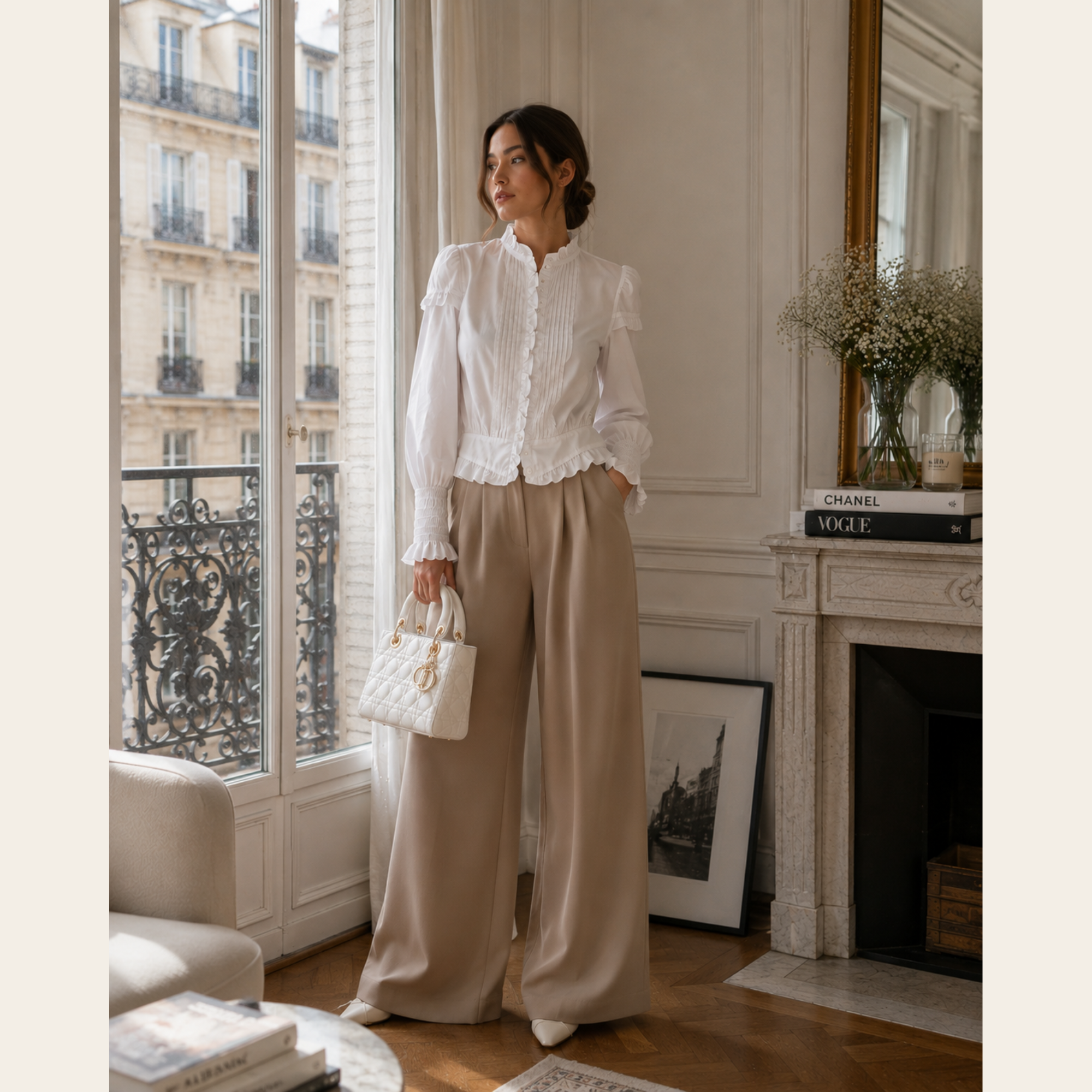 CAROLINE CONSTAS – Blouse Blanche à Volants et Plis Nervurés, Taille M