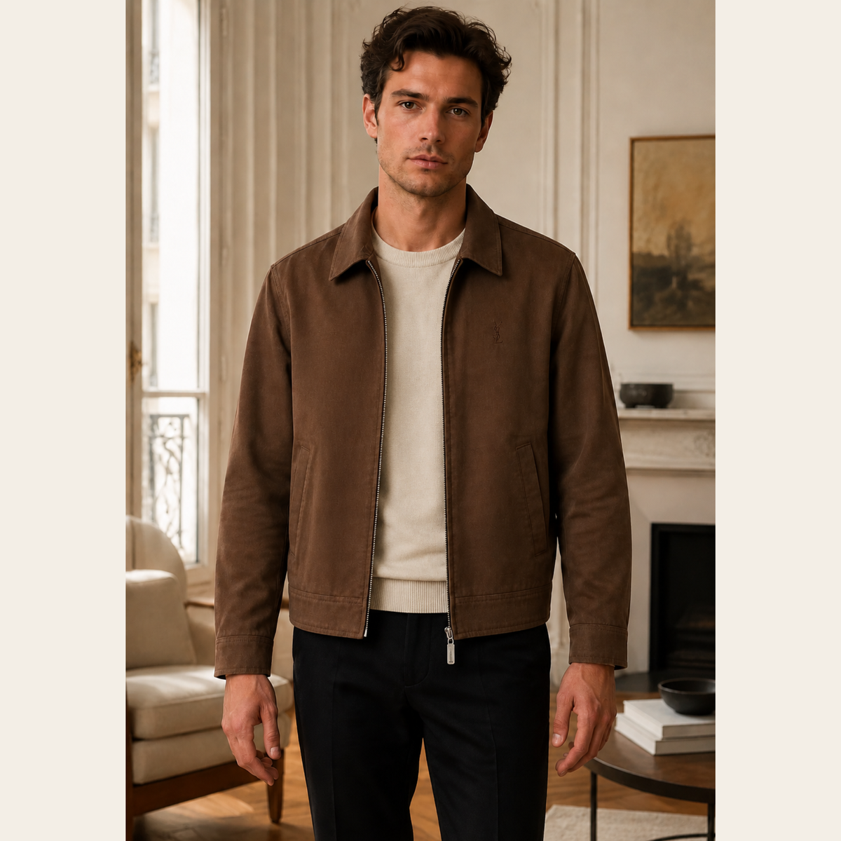 YVES SAINT LAURENT POUR HOMME – Blouson vintage zippé à carreaux avec monogramme YSL brodé – Marron – Taille 46