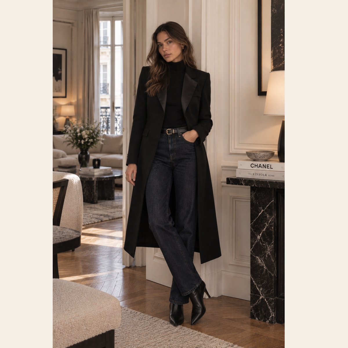 CHANEL – Long Wool & Silk Tuxedo Coat