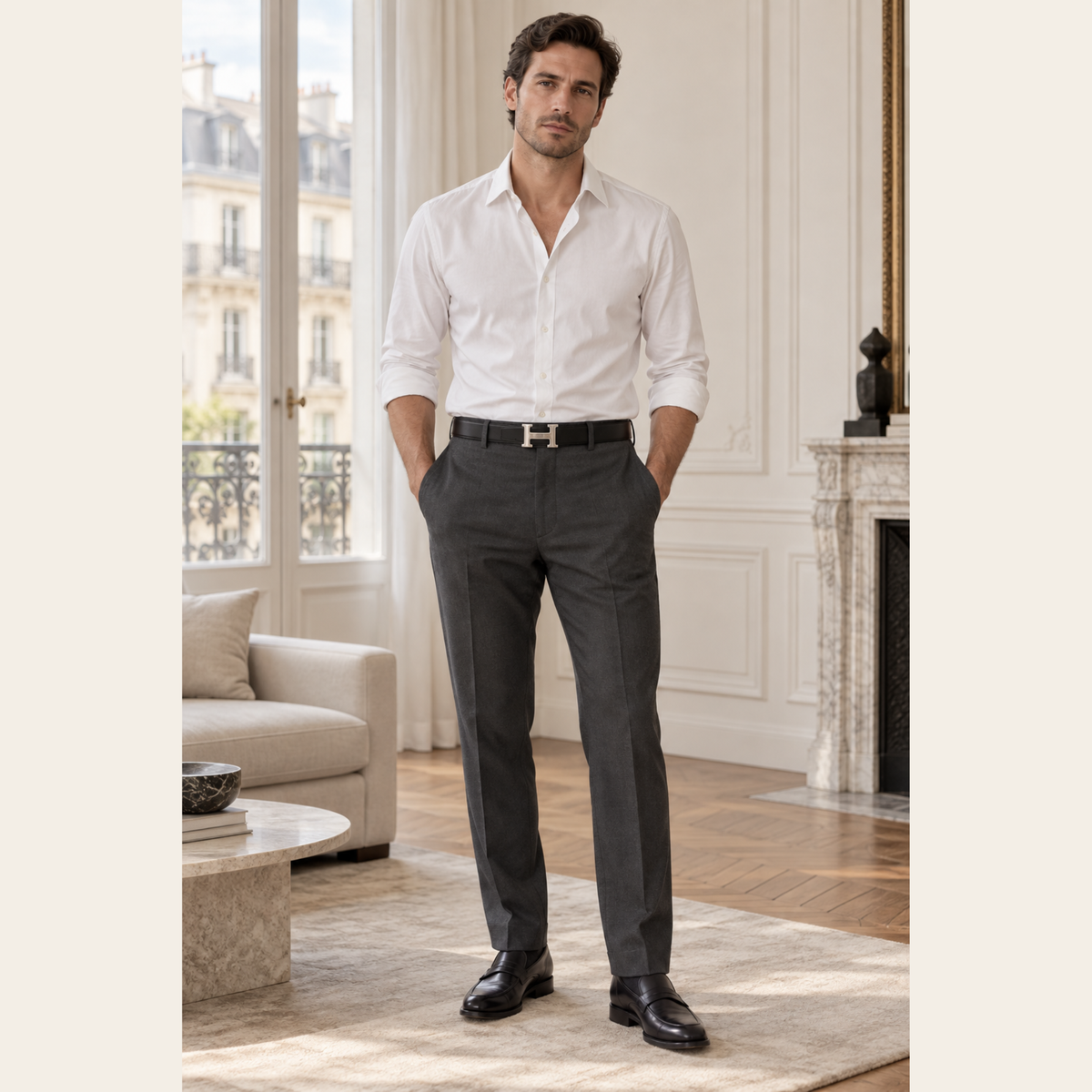 HERMÈS – Ceinture Réversible Constance H en Cuir Togo et Box Noir/Étain, Taille 105