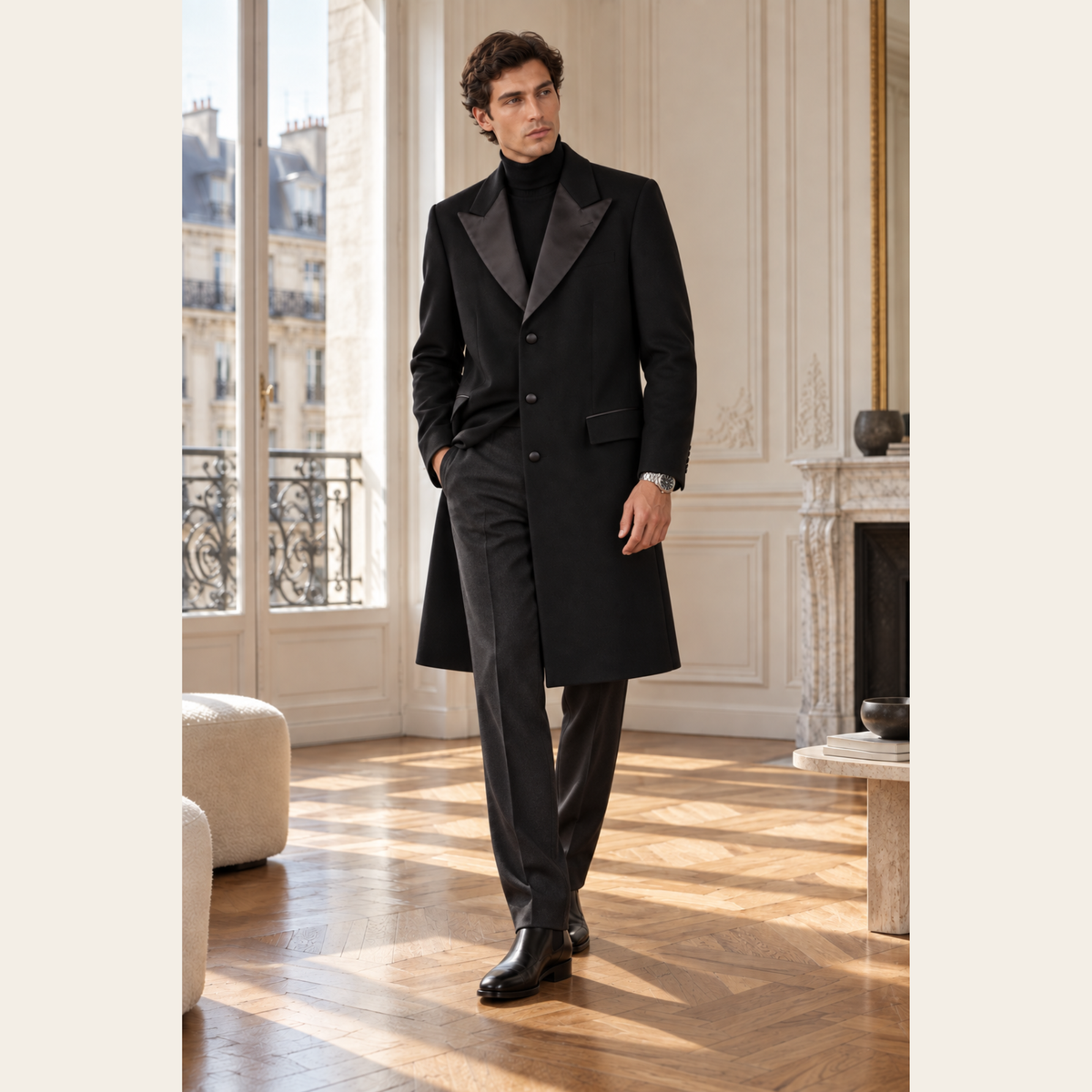 JIL SANDER — Manteau smoking noir en laine et cachemire à revers satinés, Taille IT 52