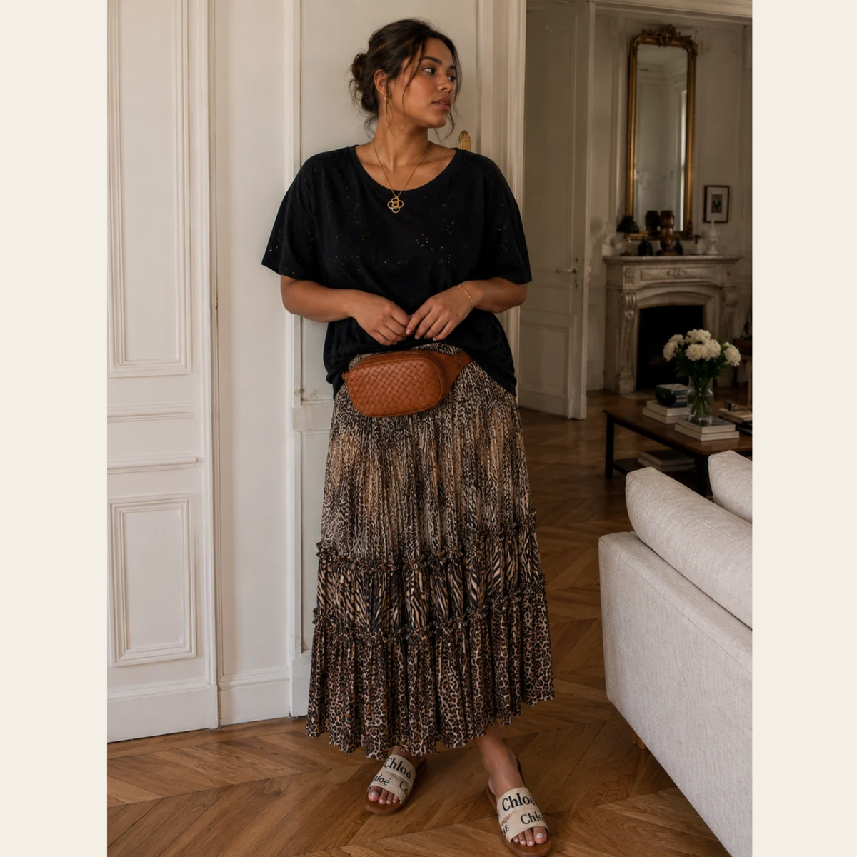 Miss June Paris – Jupe midi imprimé animalier à volants, M