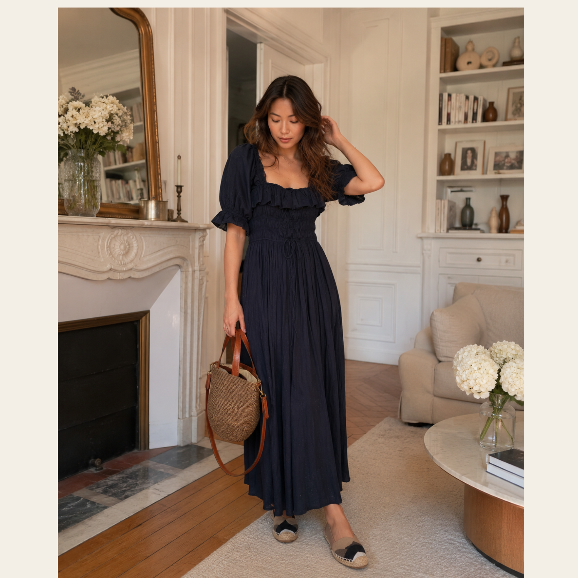DÔEN – Robe Maxi Smockée en Coton Brodé, S