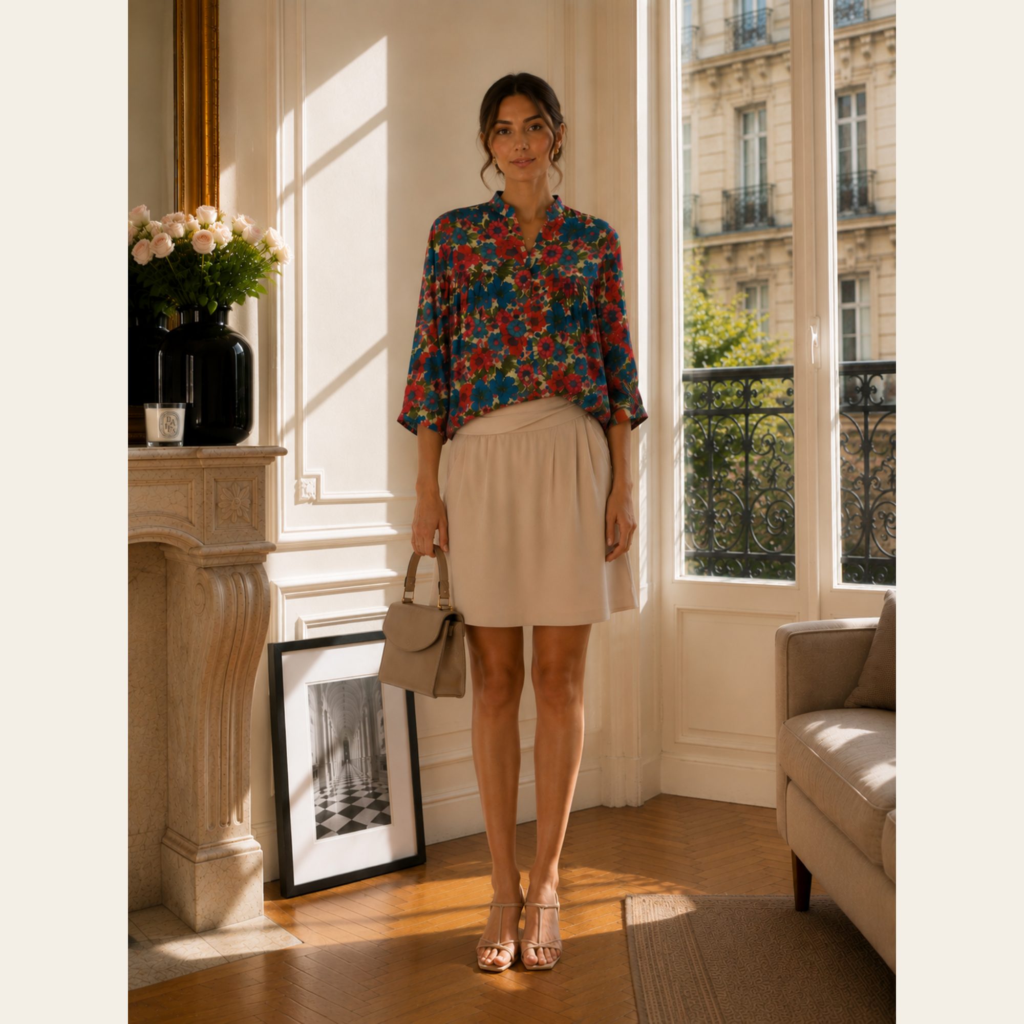 HUGO BOSS – Jupe Fluide Beige à Taille Drapée