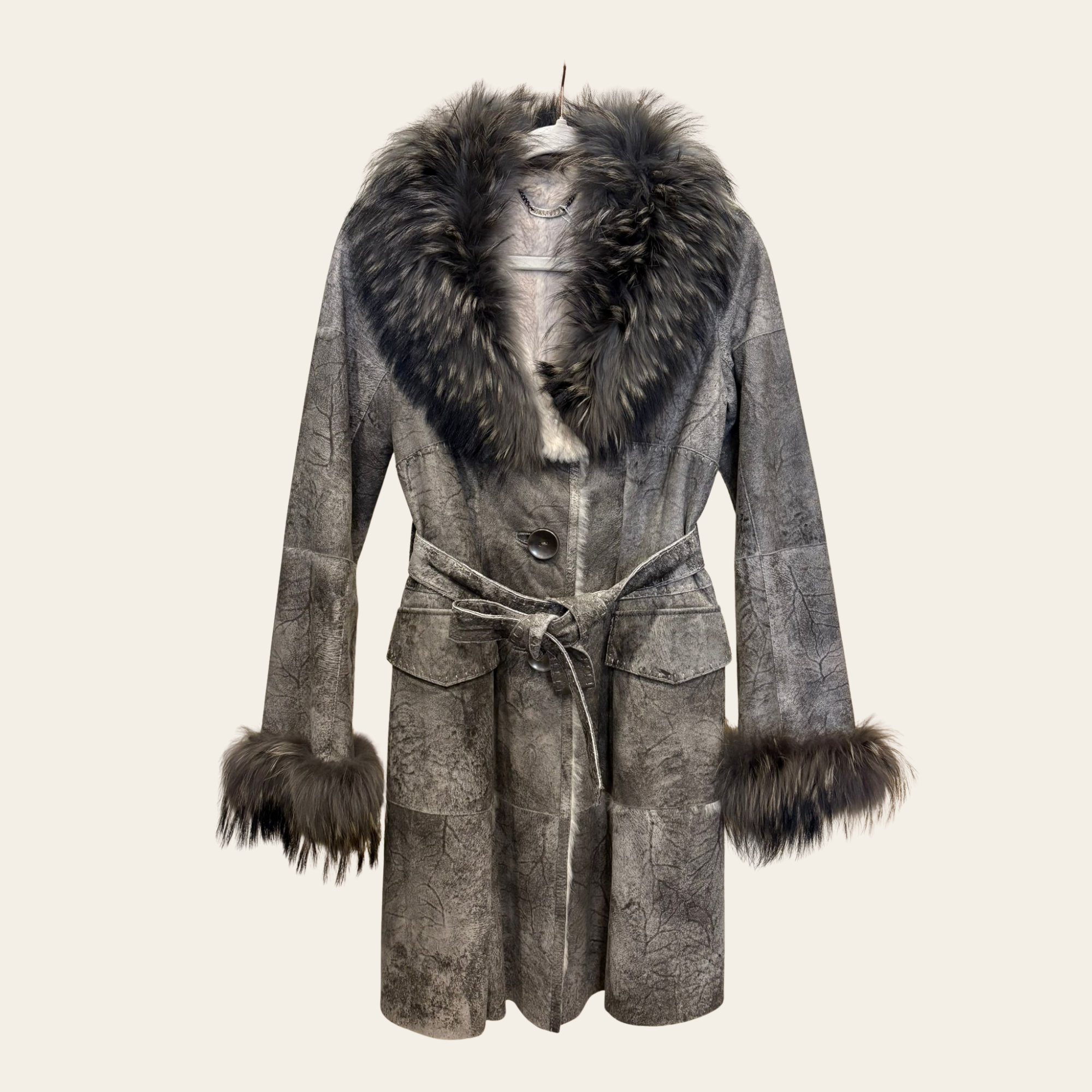 MARELLA - Manteau ceinturé en cuir shearling à col fourrure XS