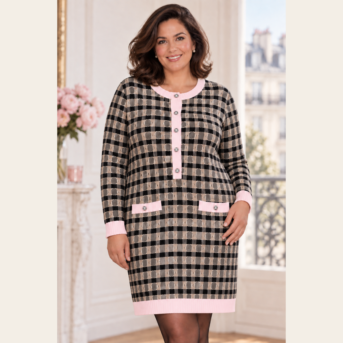 CHANEL — Robe en maille jacquard graphique « COCO CHANEL » à finitions roses, Taille FR 46**