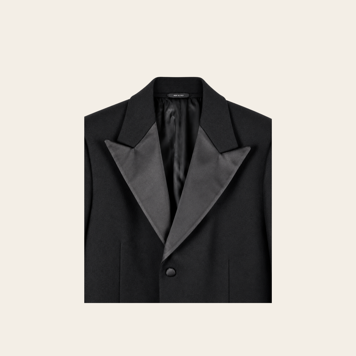 JIL SANDER — Manteau smoking noir en laine et cachemire à revers satinés, Taille IT 52