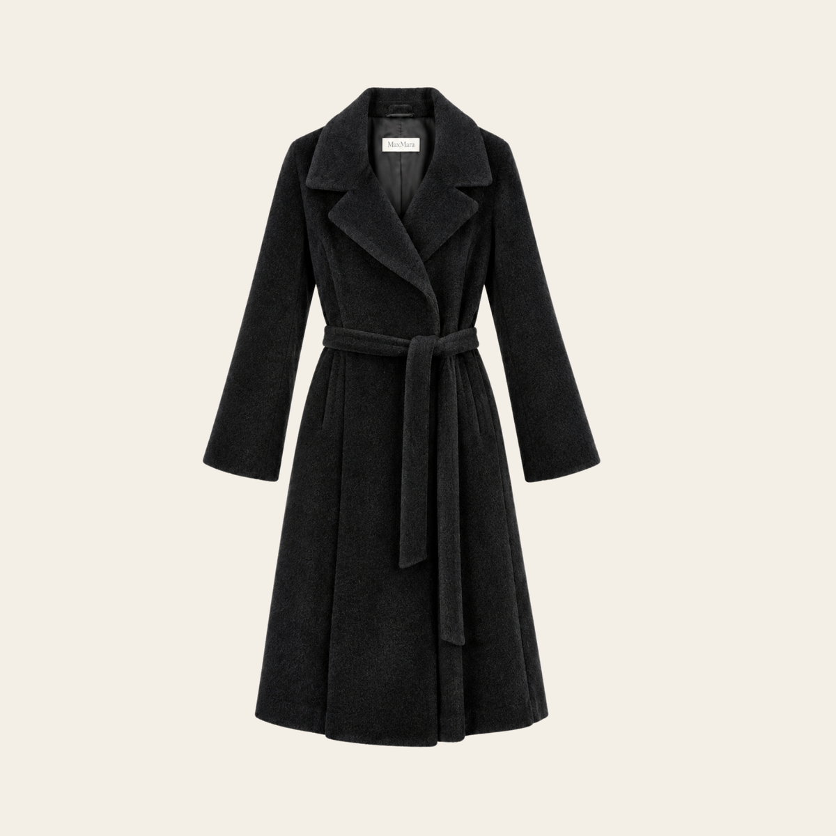 MAX MARA — Manteau long ceinturé en laine vierge et alpaga noir, Taille IT 42 / FR 44