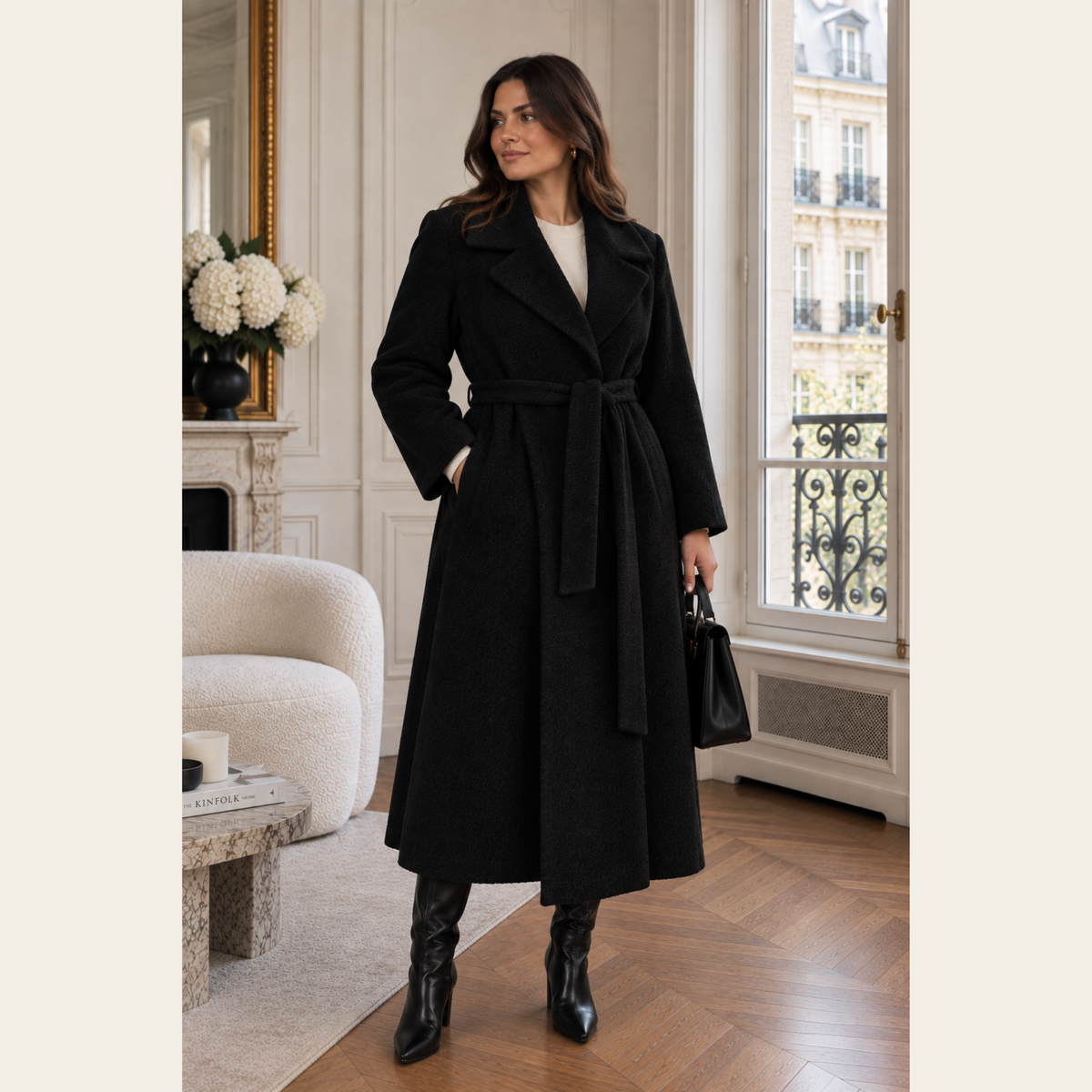 MAX MARA — Manteau long ceinturé en laine vierge et alpaga noir, Taille IT 42 / FR 44