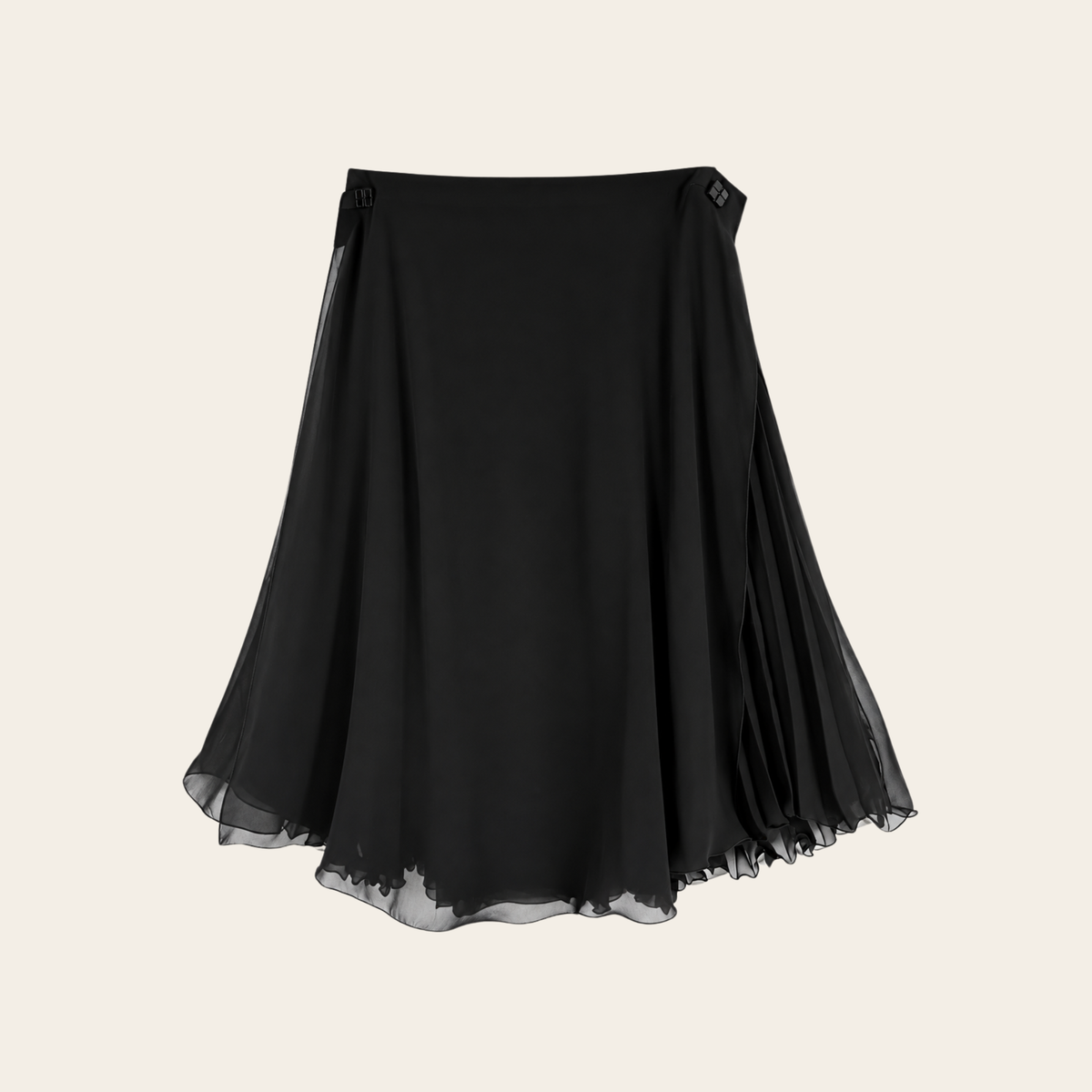 CHANEL — Jupe vintage noire en mousseline plissée à bouton CC, Taille FR 38