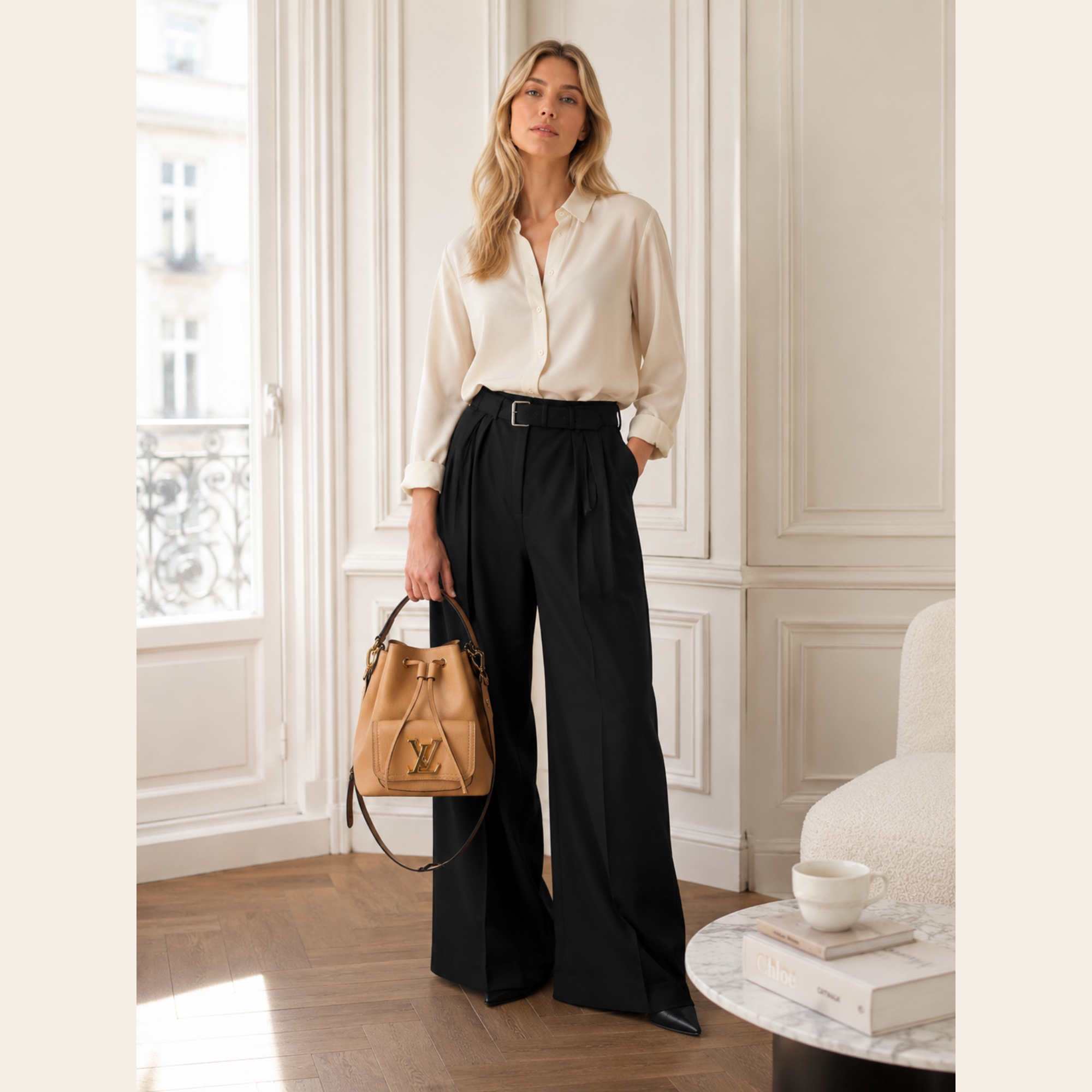DRIES VAN NOTEN – Pantalon Large Plissé en Laine & Mohair avec Ceinture, Taille 40