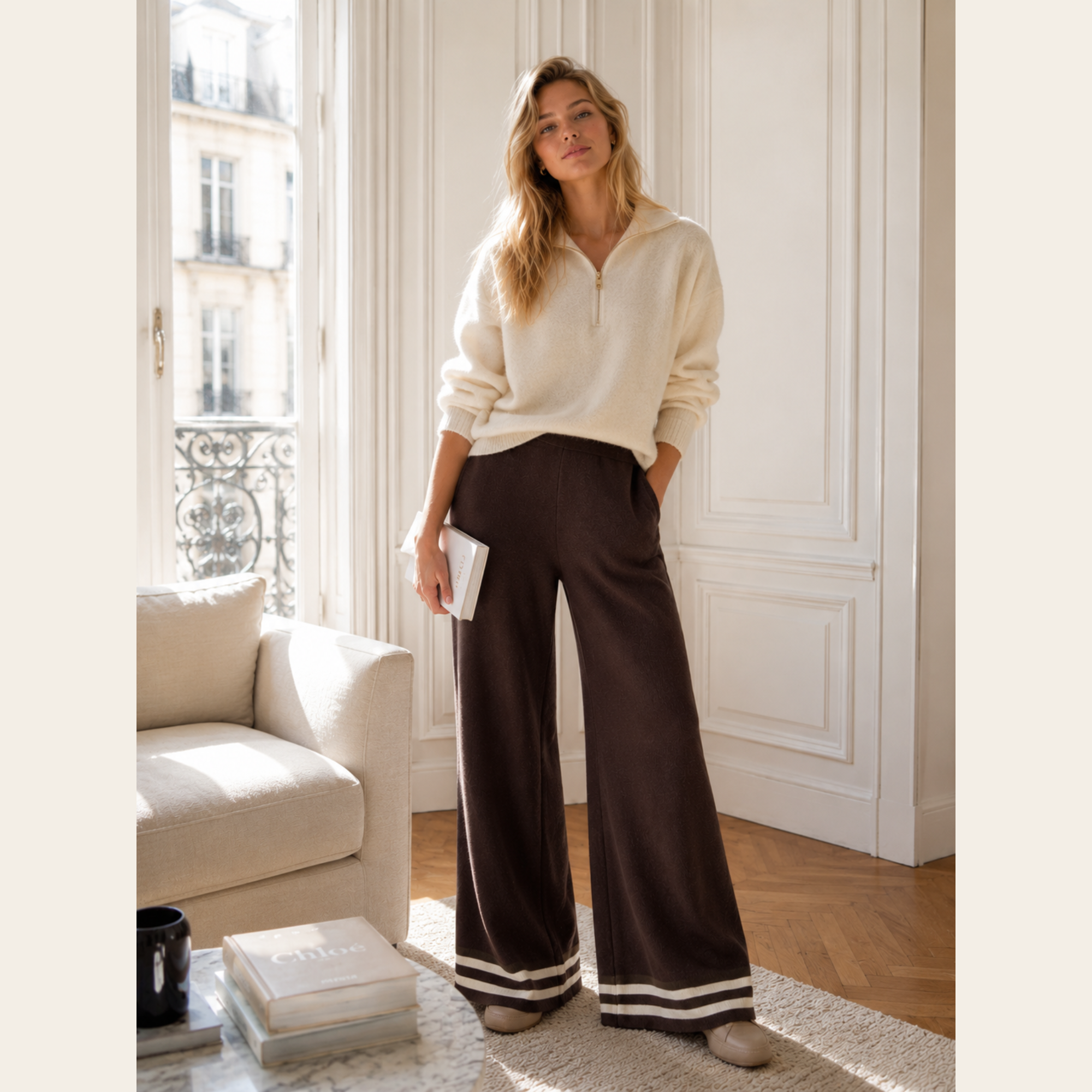 CAROLINE CONSTAS – Pantalon en Maille Chocolat à Finitions Rayées, Taille S